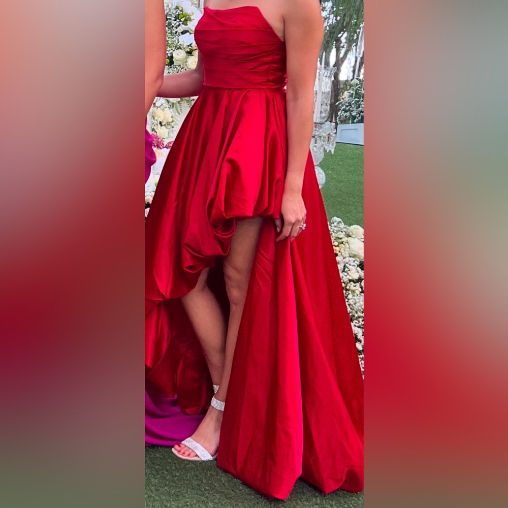 Strapless Ruched Gown, Red satin - Picture 2 of 6